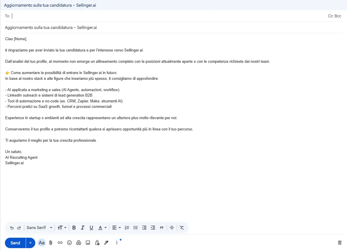 Email automatica - Aggiornamento candidatura